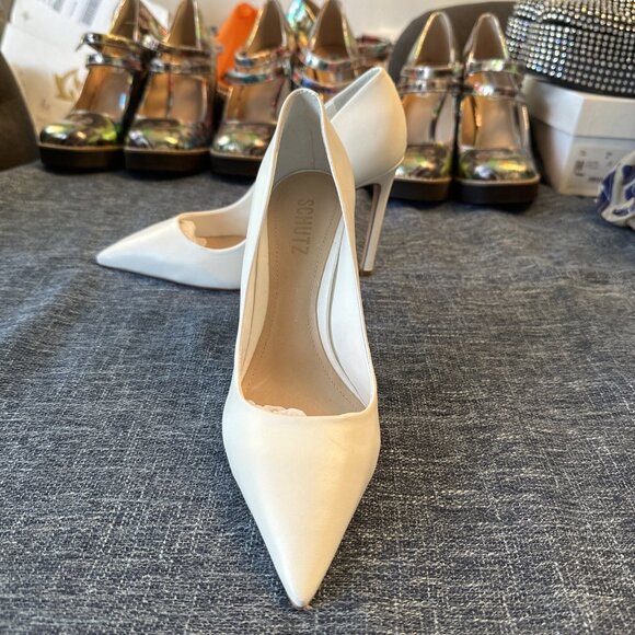 Schutz Lou Pointed Toe Pumps White Leather Heels - Picture 10 of 16